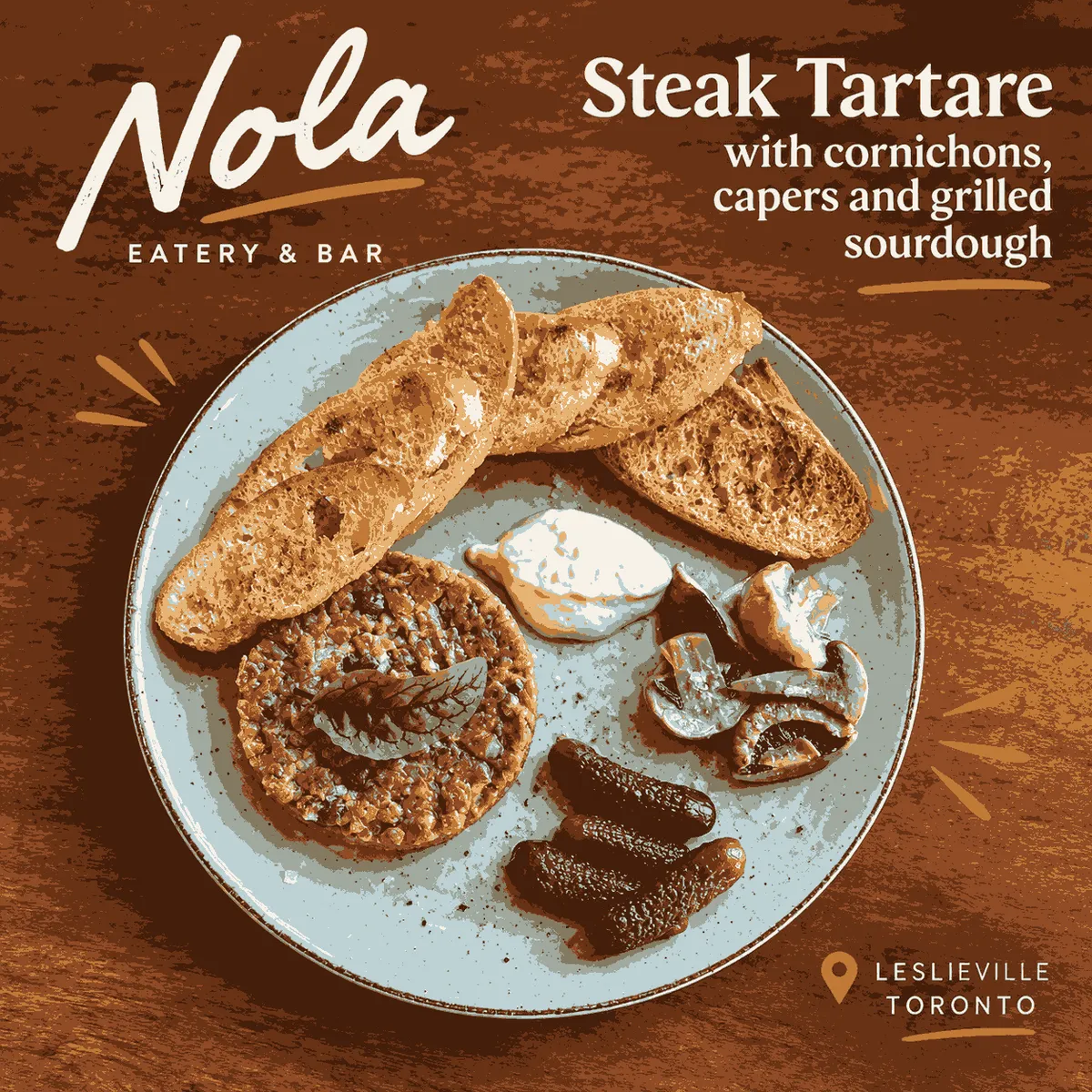 Steak tartare served with toasted bread, cornichons, mushrooms and creamy sauce at Nola Eatery & Bar